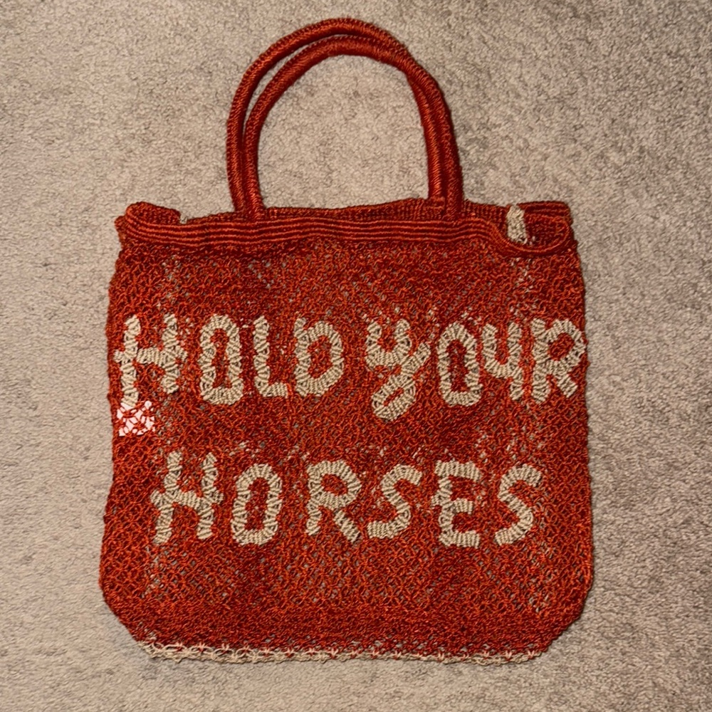 Courtney Barton Burnt Red and Cream Woven Jute Hold Your Horse Tote Bag